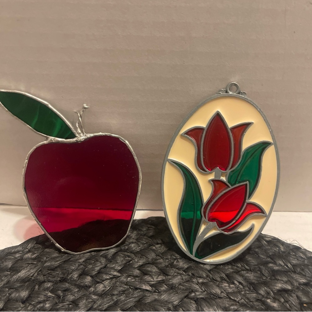 Vintage Stained Glass Apple and Tulip Suncatchers 4” tall